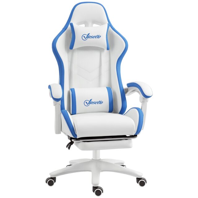 Vinsetto Computer Gaming Chair, PU Leather Office Desk Chair with Footrest, Swivel Wheels, 135 Reclining Back, Lumbar Support, Headrest for Home, White and Blue
