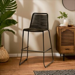 Interiors by Premier Black Rope Bar Chair, Backrest Outdoor Iron Bar Stool, Footrest black Rope Iron Chair, Rust-free Rope Chair Black