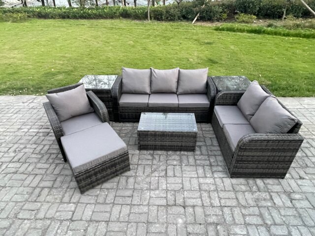 Fimous Patio Garden Furniture Sets Wicker 7 Seater Outdoor Rattan Furniture Sofa Sets with Rectangular Coffee Table Reclining Chair 3 Seater Sofa 2 Side Tables Big Footstool