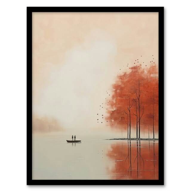 Boating On Autumn Lake Calm Peaceful Home Decor Black Framed Wall Art Print A4