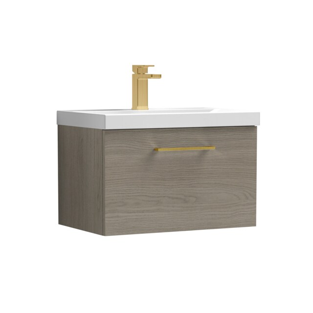 Balterley Wall Hung Bathroom 1 Drawer Vanity Unit and 1 Tap Hole Ceramic Basin, Woodgrain Mid Oak with Handle Brown Solace Oak