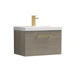 Balterley Wall Hung Bathroom 1 Drawer Vanity Unit and 1 Tap Hole Ceramic Basin, Woodgrain Mid Oak with Handle Brown Solace Oak