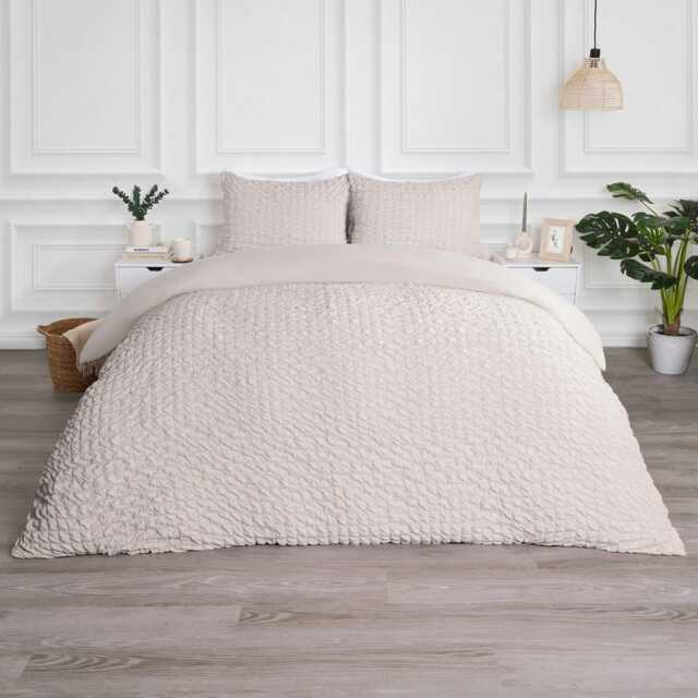 OHS Geometric Seersucker Luxury Duvet Quilt and Pillowcase Set, Double - Natural Yellow Natural Double