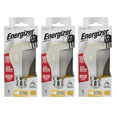 Energizer LED GLS B22 806lm 7.3W 3000K (Warm White) Dimmable Light Bulb - Pack of 3