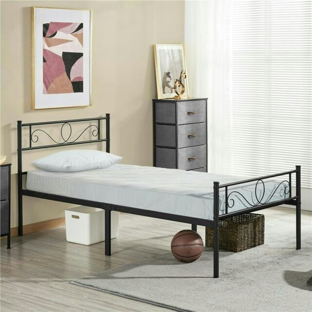 Yaheetech 190 cm L × 90 cm W Metal Platform Bed with Scroll Design Headboard Black