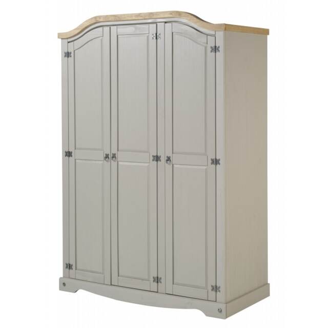 Mercers Furniture Corona Grey Wax 3 Door Arch Top Wardrobe Triple Robe Solid Wood Pine Wooden Bedroom Rustic Mexican Styling