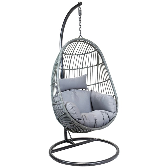 Charles Bentley Hanging Egg Shaped Rattan Swing Chair With Cushion - Grey
