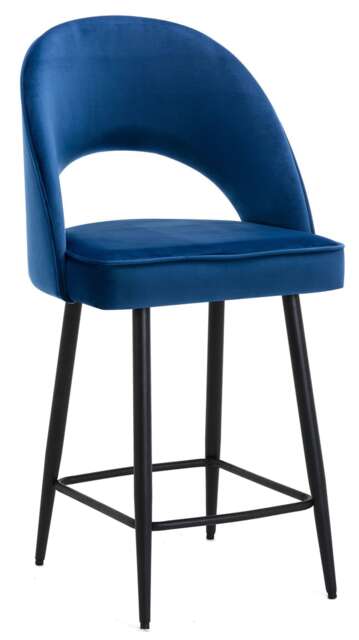 Chelsea Velvet Bar Stool, Fixed Black Legs & Footrest, Padded Seat – Blue