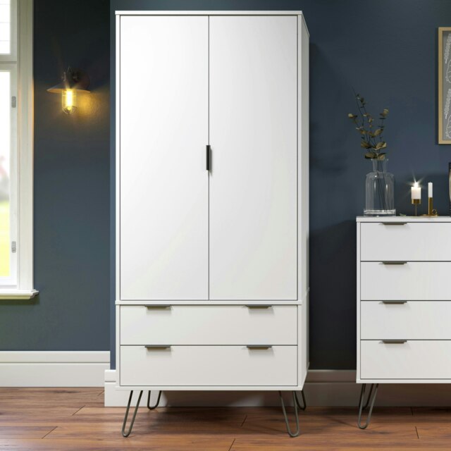 Augusta Industrial Style Pine Wardrobe with 2 Doors and 2 Drawers for Bedroom Storage White White One Size 1