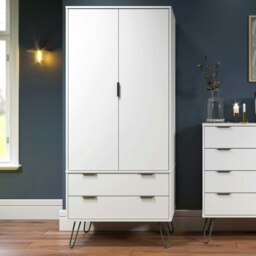 Augusta Industrial Style Pine Wardrobe with 2 Doors and 2 Drawers for Bedroom Storage White White One Size 1