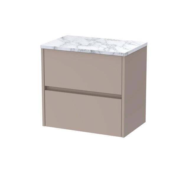 Balterley Chartley Contemporary Wall Hung 2 Drawer Vanity Unit with Carrera Marble Laminate Worktop, 600mm, Taupe