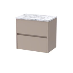 Balterley Chartley Contemporary Wall Hung 2 Drawer Vanity Unit with Carrera Marble Laminate Worktop, 600mm, Taupe