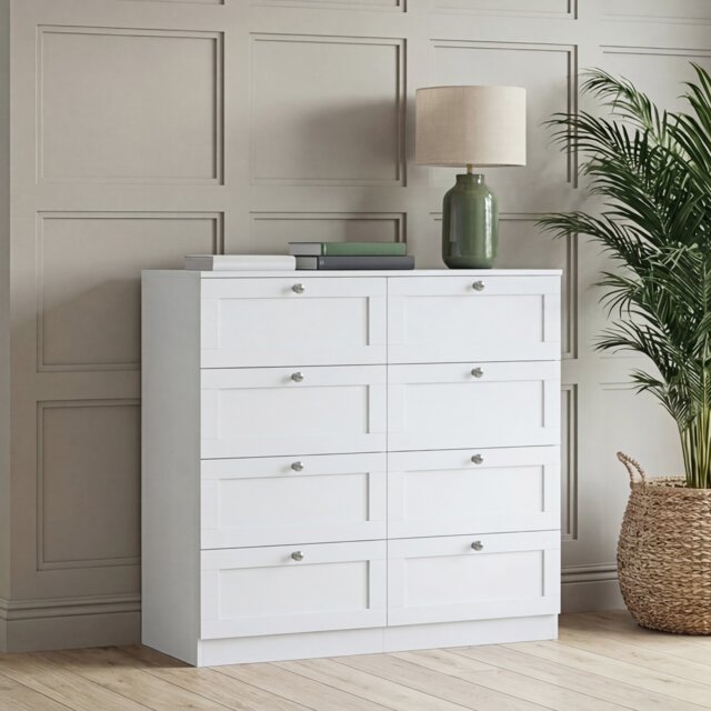 Vida Designs Altino White 8 Drawer Chest Storage Unit - H: 99cm x W: 100cm x D: 36cm