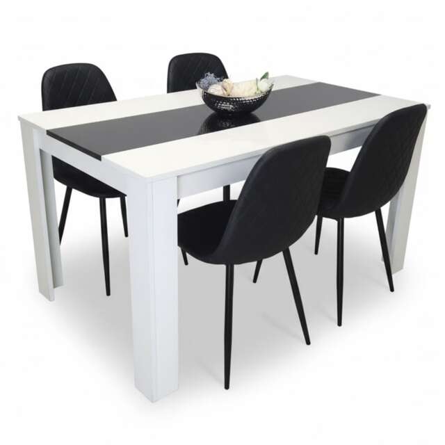 Dining White Black Wood Table and 4 Faux Leather Black Chairs Dining Room Set