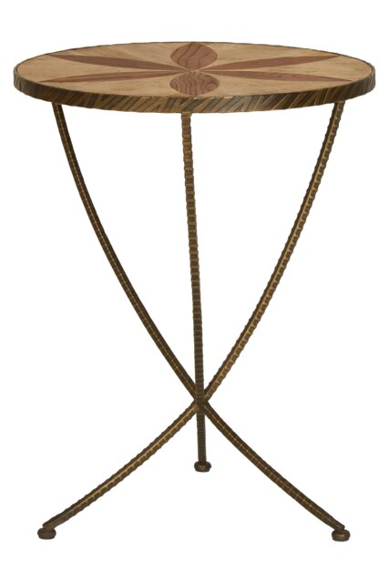Elm Wood Round Table With Iron Legs,Circular Table With Leaf Shaped Motifs,Eco-Friendly Accent Table Brown