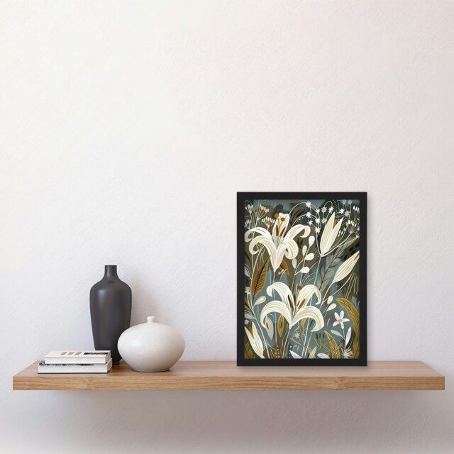 White Lilies Flower Blooms Floral Living Room Black Framed Wall Art Print A4