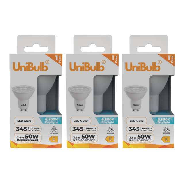 UniBulb LED GU10 345lm 3.6W (Replaces 50W) 6500K (Daylight) Spotlight Downlight Light Bulb - Pack of 3