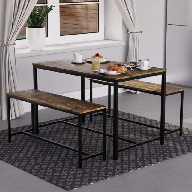 Vida Designs Brooklyn 4 Seater Dining Set 3 Piece Table & Bench Set, Dark Wood