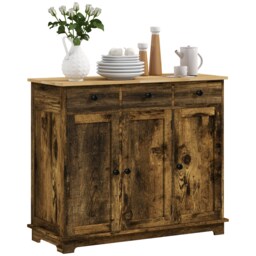 HOMCOM Sideboard with Rubber Wood Top, Modern Storage Cabinet, Kitchen Cupboard with 3 Doors, 3 Drawers and 3 Adjustable Shelves for Dining Room, Living Room, Rustic Brown