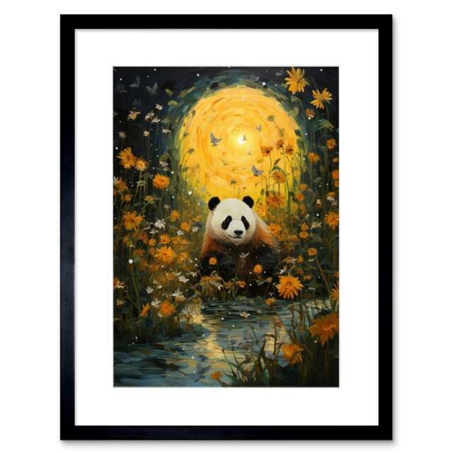 "Harvest Moon Panda Landscape Wildflower 9x7"" Black Framed Wall Art Print"