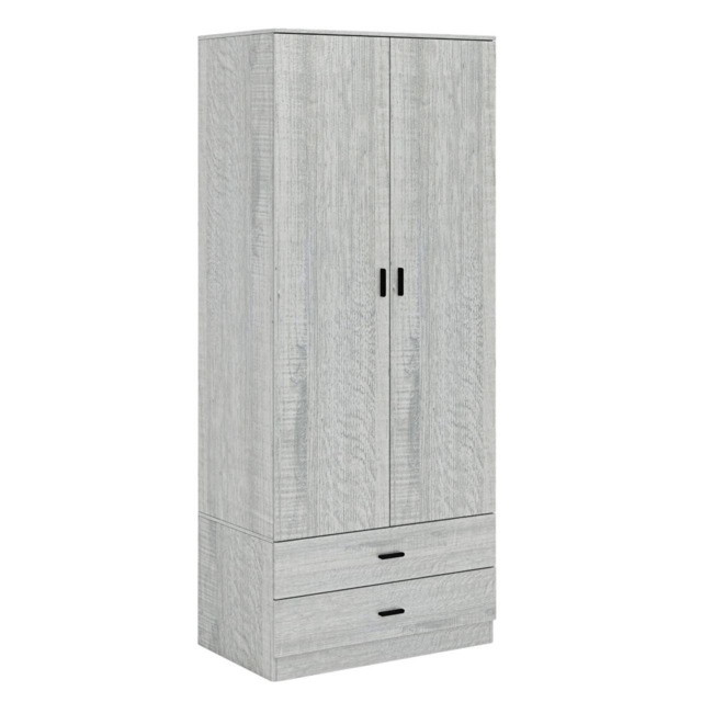 2-Door 2-Drawer Wardrobe with Storage Shelf, and Hanging Space - 180x75x46cm Grey Ash Grey & Ash Grey 1