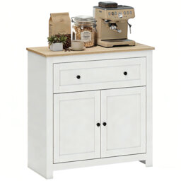 HOMCOM Sideboard, Kitchen Storage Cabinet w/ Adjustable Shelf, Drawer Cream Cream White, Oak Top, Black Handles 78.5W x 35D x 80H cm