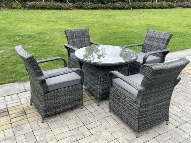 Fimous Outdoor Rattan Garden Furniture Dining Set Table And Chair Set Wicker Patio 4 Chairs Plus Round Clear Tempered Glass Table