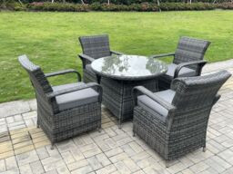 Fimous Outdoor Rattan Garden Furniture Dining Set Table And Chair Set Wicker Patio 4 Chairs Plus Round Clear Tempered Glass Table