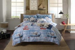 Coastal Fishing Village Cotton Duvet Set with Piped Edged Finishing & Printed Fabric Bag Multi Double