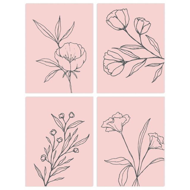 Set of 4 Minimalist Wildflower Outline Black Pastel Pink Floral Wall Art Print A4