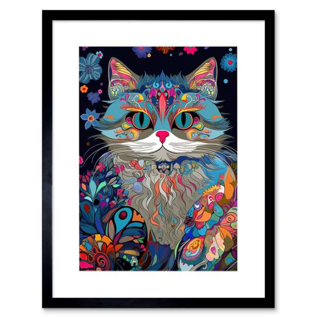 "Alice Wonderland Cheshire Cat Colourful Psychedelic 9x7"" Black Framed Wall Art Print"