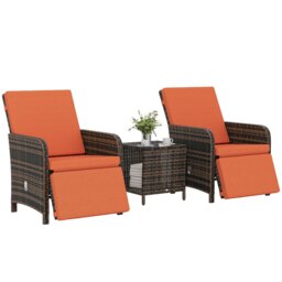 Outsunny 3 Pieces Rattan Bistro Set w/ Adjustable Backrest - Orange Orange Orange