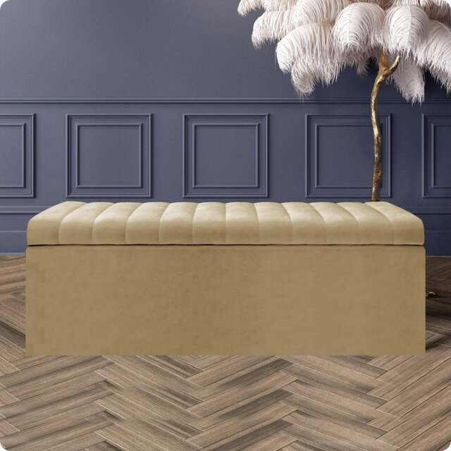 180cm Safar Large Striped Storage Ottoman Box, Mink Plush Velvet Upholstered Deep Storage Ottoman End of Bed Bench