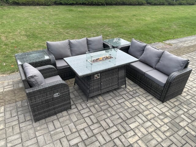 Fimous Rattan Outdoor Furniture Gas Fire Pit Rectangle Dining Table Gas Heater Reclining Chair 3 Seater Sofa Sets with 2 Side Tables 7 Seater