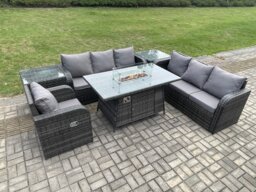 Fimous Rattan Outdoor Furniture Gas Fire Pit Rectangle Dining Table Gas Heater Reclining Chair 3 Seater Sofa Sets with 2 Side Tables 7 Seater