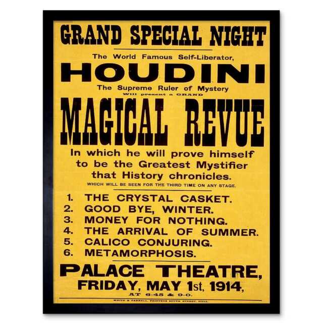 "Houdini The Magician Vintage Advert Home Decor 12x16"" Framed Wall Art Print"