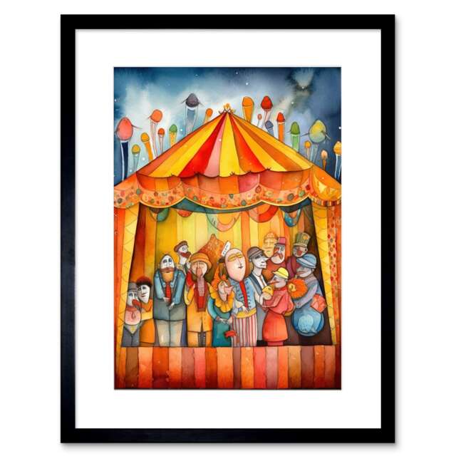 "Puppet Theatre Stage End of Show Applause Folk Art 9x7"" Black Framed Wall Art Print"