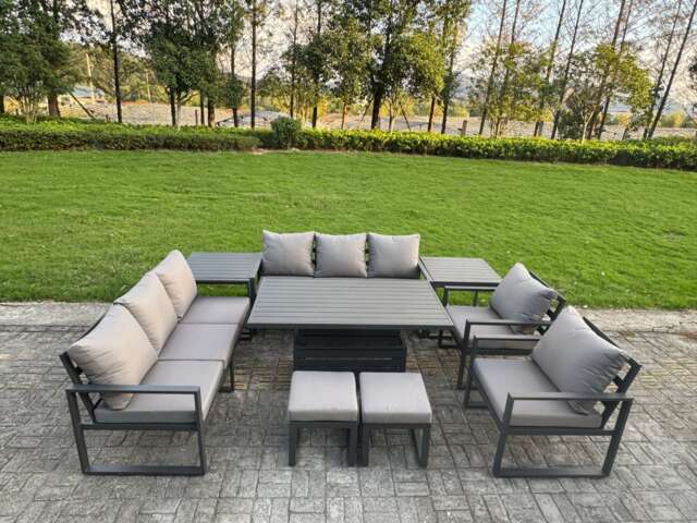 Fimous 9 Piece Garden Furniture Set 10-Seater Aluminium Outdoor Dining Set with Adjustable Rising Lifting Dining Table & Cushions 2 Side Tables Dark Grey