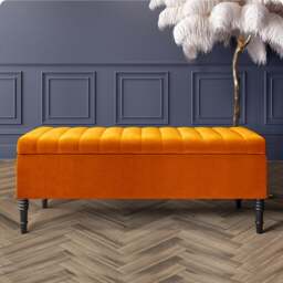 180cm Paris Striped Ottoman Storage Bench- Plush Velvet Shoe Bench - Burnt Orange Upholstery Footstool with Storage