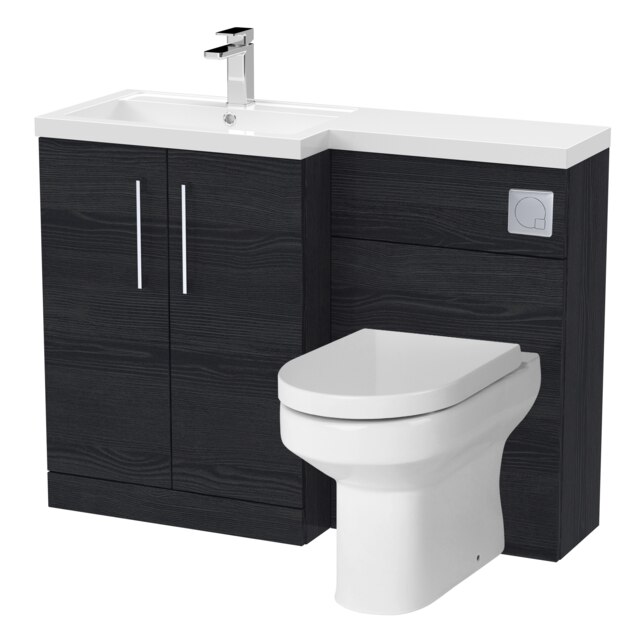 Level Bathroom Bundle Floor Standing Vanity Basin and WC Unit with Pan, Seat and Cistern - Left Hand - Charcoal Black Woodgrain Black