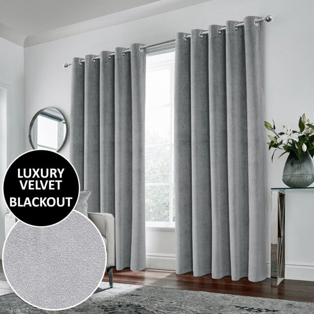 Luxury Enhanced Living Grey Velvet, Supersoft, Blackout, Thermal Pair of Curtains with Eyelet Top - 90 x 108 inch (229x274cm)