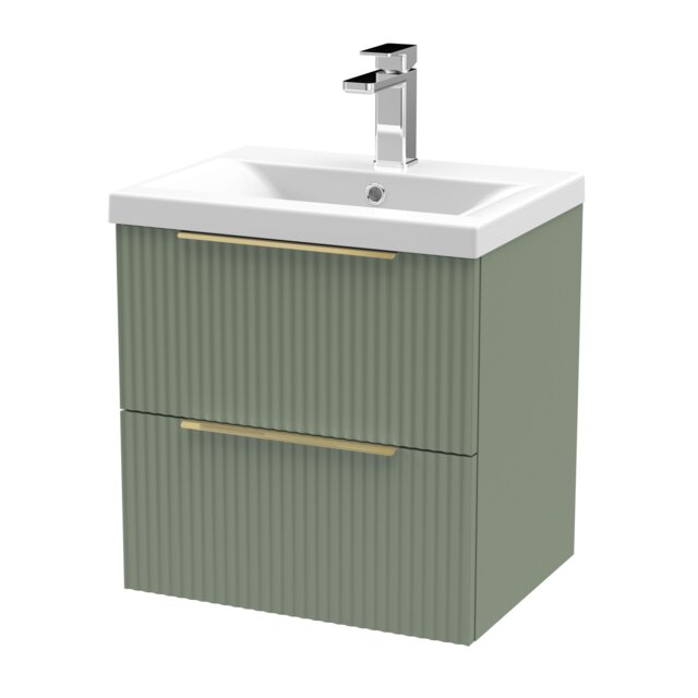 Balterley Fluted Front Wall Hung 2-Drawer Bathroom Vanity Unit and Mid-Edge Basin, Handles Green Satin Green