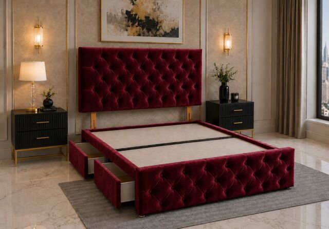 Divan Bed with Upholstered Headboard & Footboard Base 4FT Small Double Maroon Plush No Storage