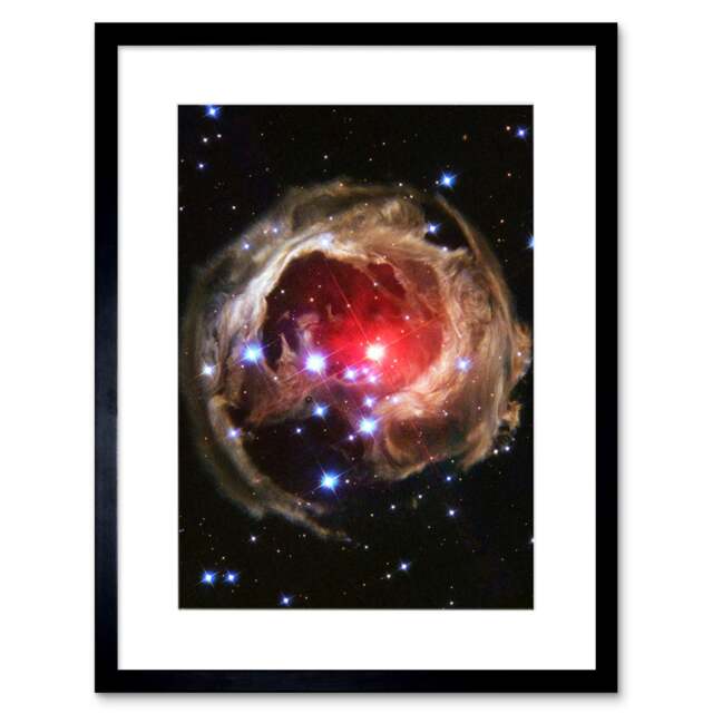 "NASA Hubble Light Echo Illuminates Dust Spiral Red Star 9x7"" Black Framed Wall Art Print"