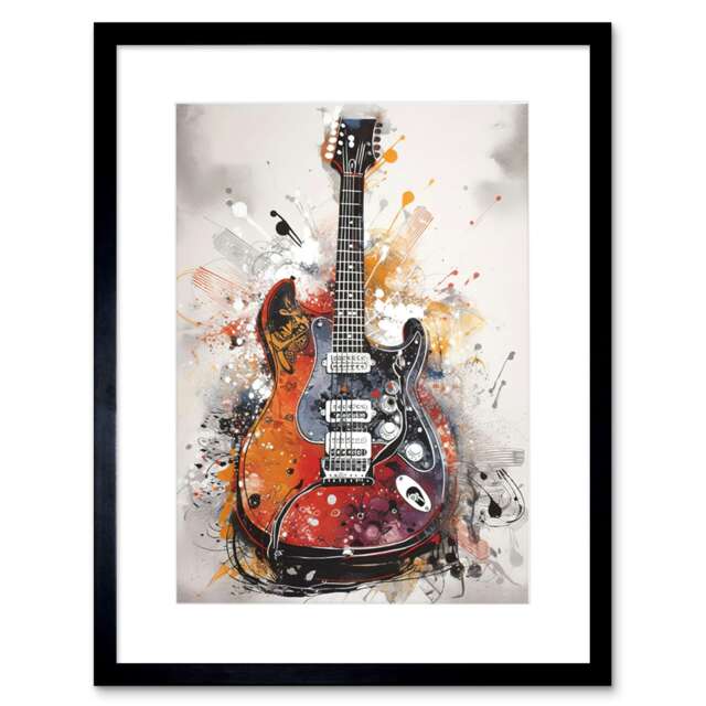"Electric Mandolin Guitar Instrument Modern Watercolour 9x7"" Black Framed Wall Art Print"