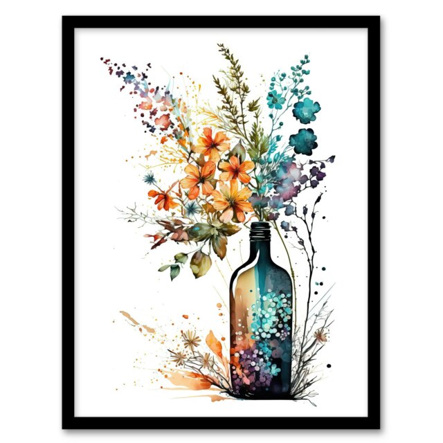 Wine Bottle Wildflowers Watercolour Orange Black Framed Wall Art Print A4
