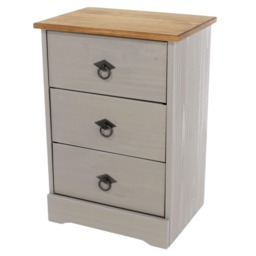 Corona Classic Pine 3 Drawer Bedside Cabinet - Solid Wood Storage with Grey Wash, Antique Wax Finish and Gunmetal Handles