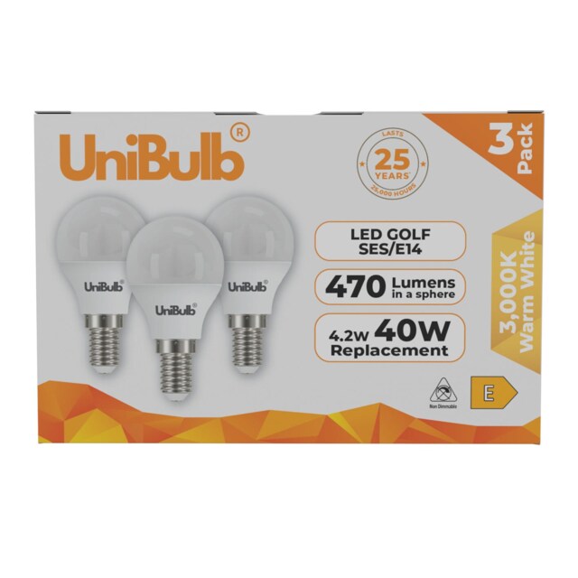 UniBulb LED Golf Ball E14 Small Edison Screw (SES) 470lm 4.2W (Replaces 40W) 3000K (Warm White) Light Bulb - Pack of 3 White Warm White 3