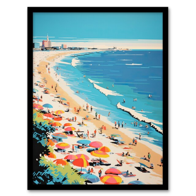 Surf Sand Sea Sunshine Busy Beach Coastal Black Framed Wall Art Print A4