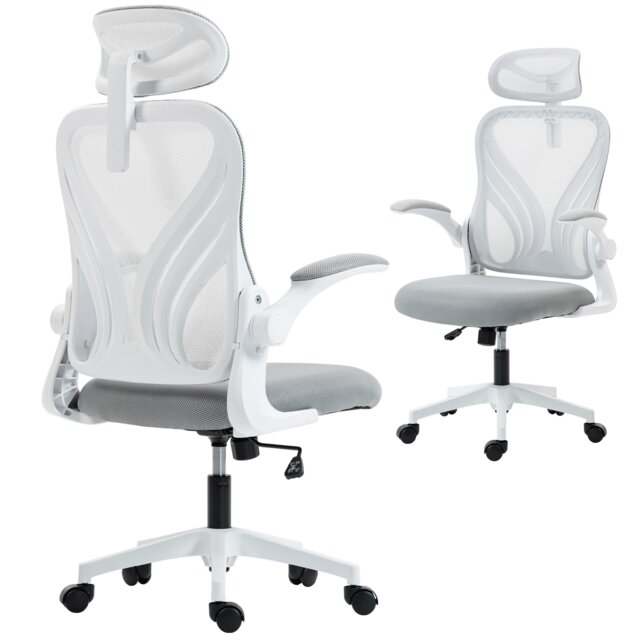 HOMCOM Ergonomic Office Chair, High Back Mesh Desk Chair with Foldable Backrest, 2D Headrest, Flip-up Armrest, Lumbar Support, Tilt Function, Swivel Wheels for Home Office, Light Grey
